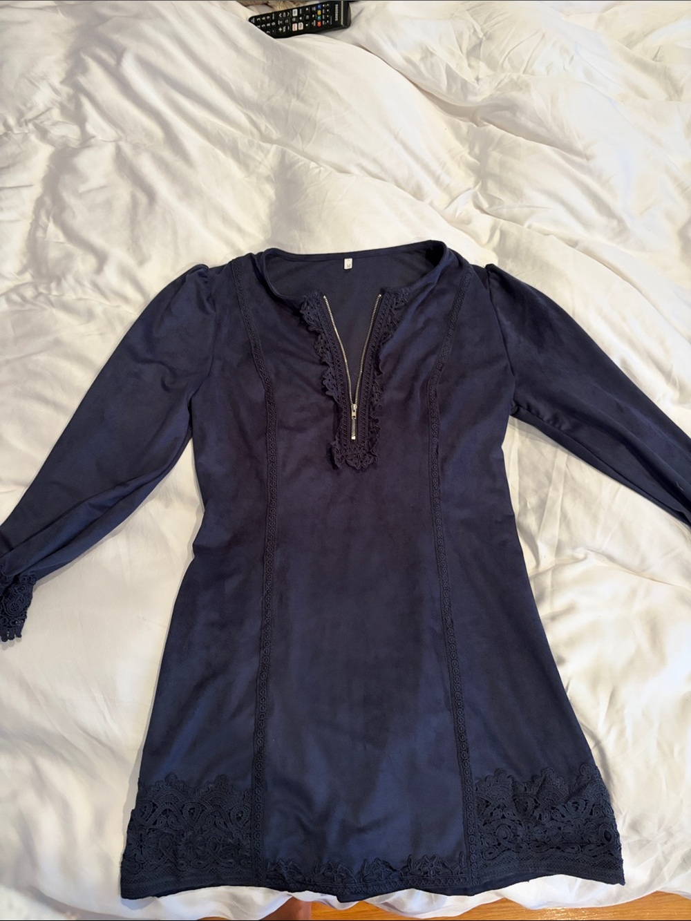 Navy Long-Sleeve Lace-Trim Dress with V-Zip